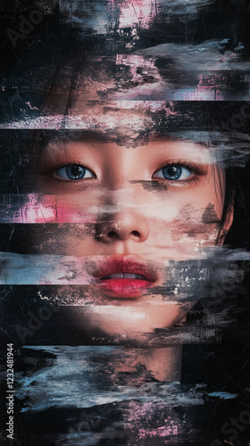 glitched and distorted image featuring the face of an Asian woman, crystal blue eyes