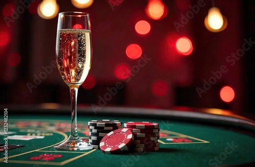 A glamorous scene featuring a glass of champagne and poker chips on a casino table with festive lights