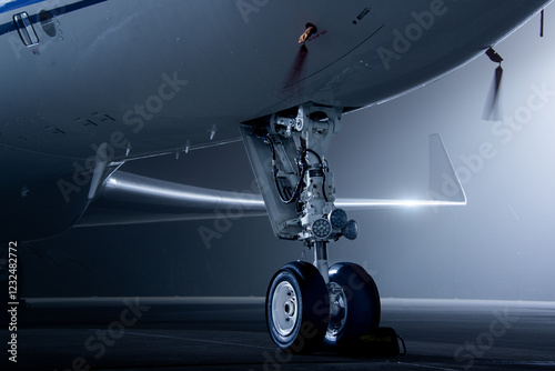 Billede på lærred Close up of a business jet parked at an airport during a foggy night
