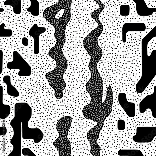 seamless pattern with black shapes and dots on white background
