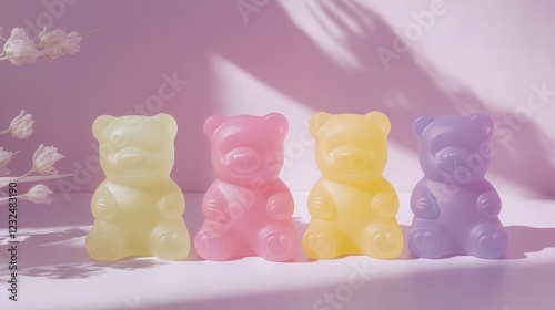 Pastel gummy bears, studio shot, pink background, flowers photo