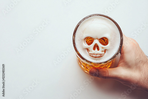 Man's hand holding beer mug with skull shape in foam. Concept for alcoholism and alcohol related deaths photo