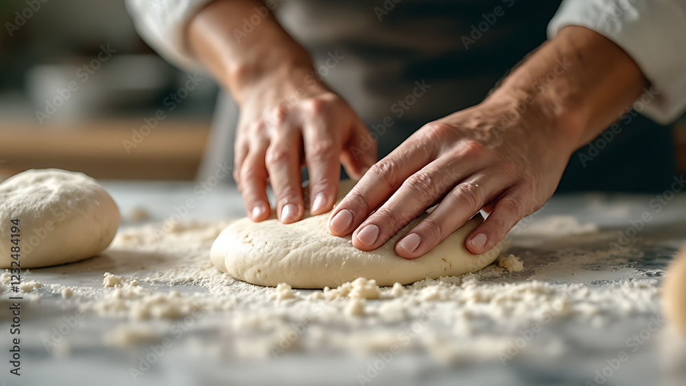 Fototapeta premium Hands kneading dough enthusiastically in a cozy kitchen setting.