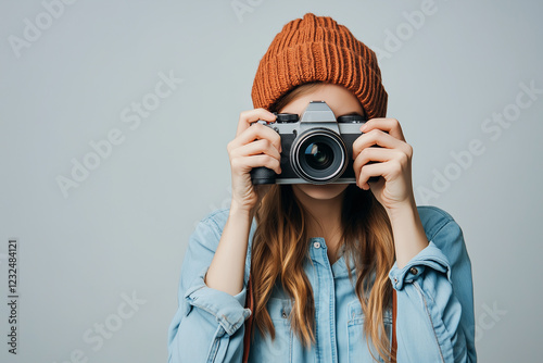 Female Photographer Taking a Picture in Studio, Photography, Background