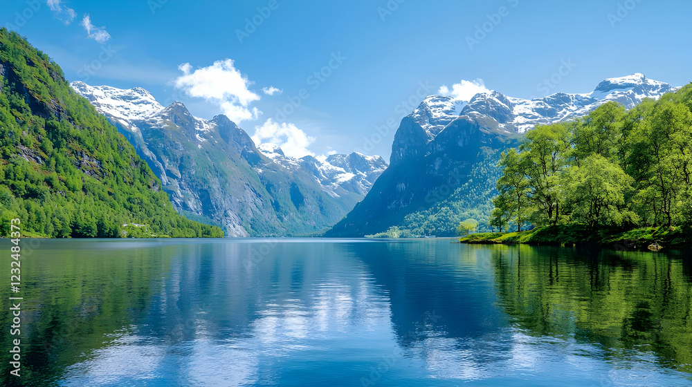 Serene fjord, snow-capped mountains, lush greenery, calm water, idyllic summer landscape, travel postcard Serene fjord, snow-capped mountains, lush greenery, calm water, idyllic summer landscape, travel postcard