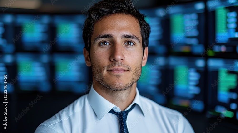 Young Professional in Modern Office with Data Screens in Background Young Professional in Modern Office with Data Screens in Background