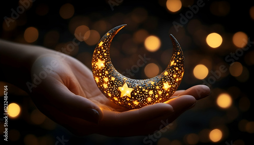 3D Illustration - Crescent Moon and Stars in Hand with Bokeh Background