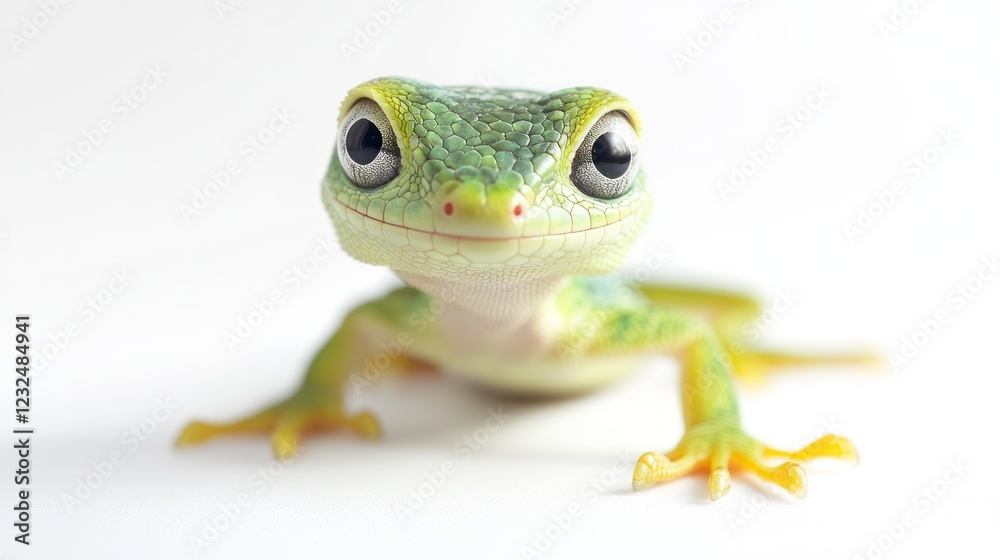 Obraz premium Cute green gecko portrait, white background, studio shot, pet reptile
