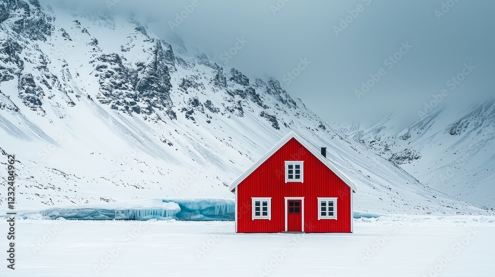 Winter's grip on East Greenland brings a red house encircled by sea ice Winter's grip on East Greenland brings a red house encircled by sea ice