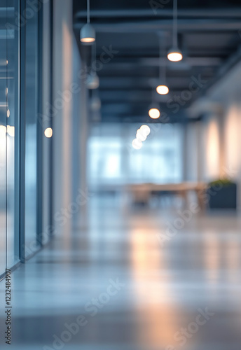Modern office hallway with shiny floor and large windows blurred office interior background with a blurry modern white and glass business space

