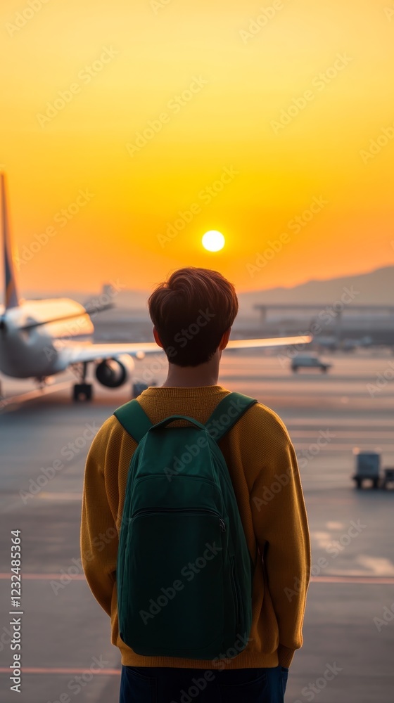 Fototapeta premium Traveler admires sunset at the airport with planes in the background and backpack on shoulder as day turns to night