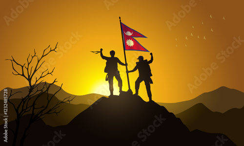 Nepal flag, silhouette of two climbers holding a flag at sunset over the mountain