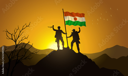 Niger flag, silhouette of two climbers holding a flag at sunset over the mountain