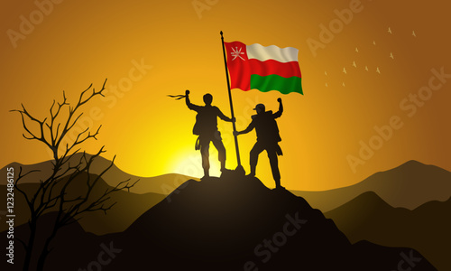 Oman flag, silhouette of two climbers holding a flag at sunset over the mountain