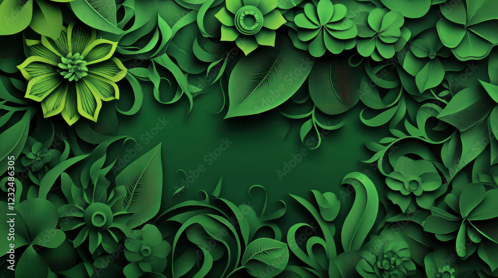Vibrant green paper cut style floral background with intricate details Vibrant green paper cut style floral background with intricate details