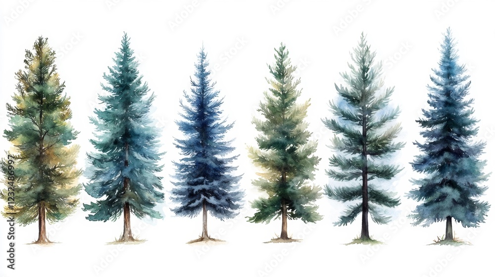 Watercolor pine tree silhouettes in a row with soft gradients. Generative AI Watercolor pine tree silhouettes in a row with soft gradients. Generative AI