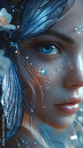 Hyperdetailed closeup of a beautiful female fairy in her larval form gracefully unfolding from a luminous blue bejeweled cocoon surrounded by glistening petals and soft ambient light