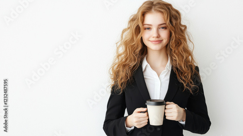poised woman in formal attire holds cup, exuding confidence and warmth