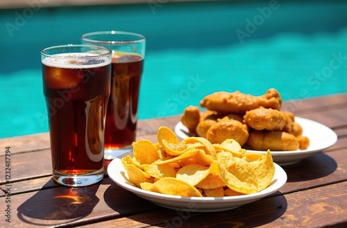 Two glasses of cola, a plate of fried food, and a plate of chips sit on a wooden table beside a pool 