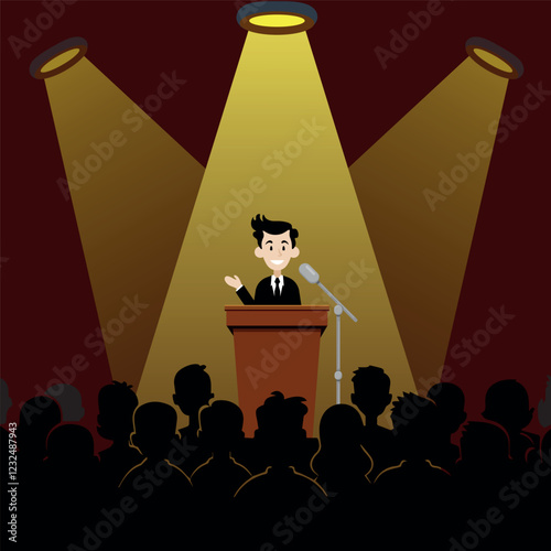 Guy feels free and relaxed behind the podium for public speaking in the spotlight in front of the audience, public speaking, flat style