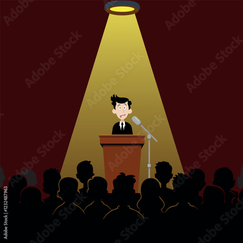 Guy behind a public speaking podium in the spotlight in front of an audience, fear of public speaking, flat style