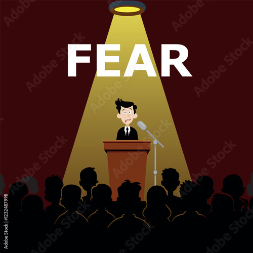 Guy behind podium for public speaking in spotlight in front of audience, fear of public speaking, flat style, FEAR inscription on background