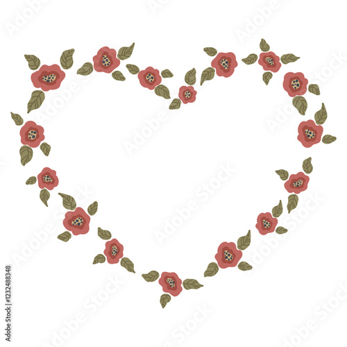 Vector illustration of a floral heart-shaped frame in the trending Mocha Mousse color of 2025. Elegant botanical design, perfect for wedding invitations, greeting cards, branding