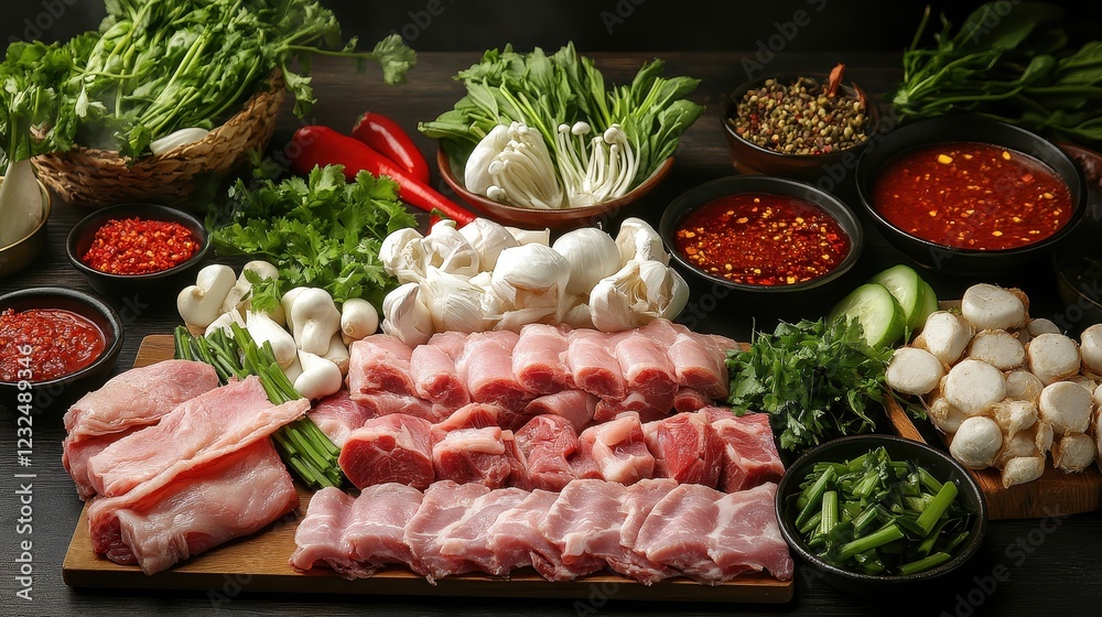 Thai BBQ Buffet Table with Fresh Ingredients Thai BBQ Buffet Table with Fresh Ingredients
