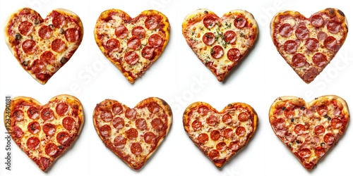 Heart Shaped Pizza Slices: A Delicious Valentine's Treat - Eight heart-shaped pepperoni pizzas, perfect for a romantic dinner, Valentine's Day, or any special occasion. Symbolizing love, romance photo