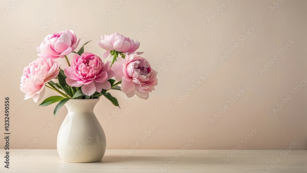 A delicate pink peony flower arrangement in a minimalist white vase on a soft A delicate pink peony flower arrangement in a minimalist white vase on a soft