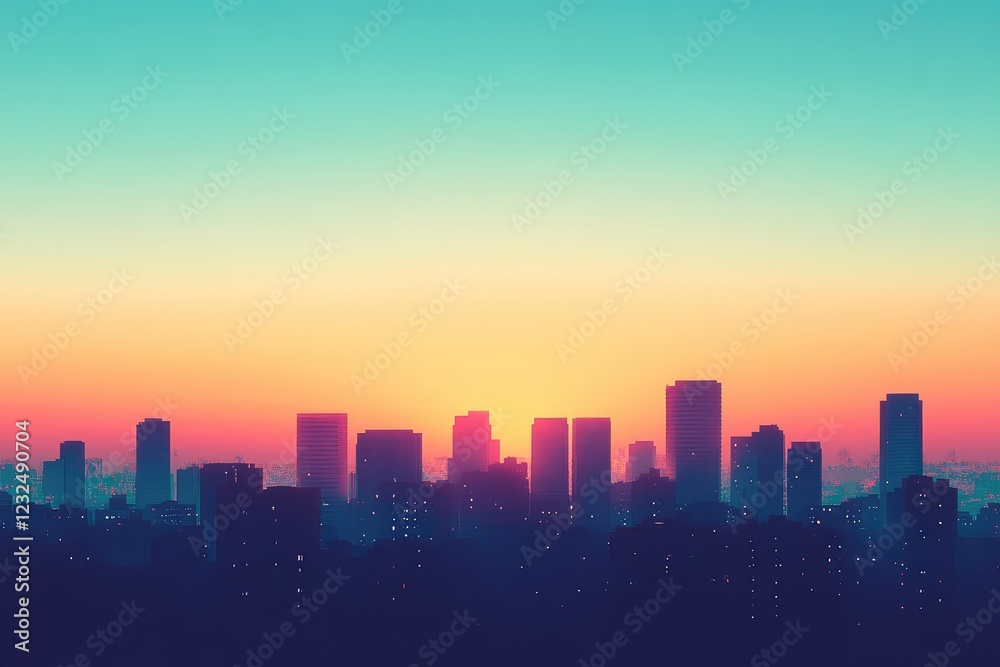 Fototapeta premium A minimalist cityscape at dawn, with only a few buildings silhouetted against a soft, glowing sky