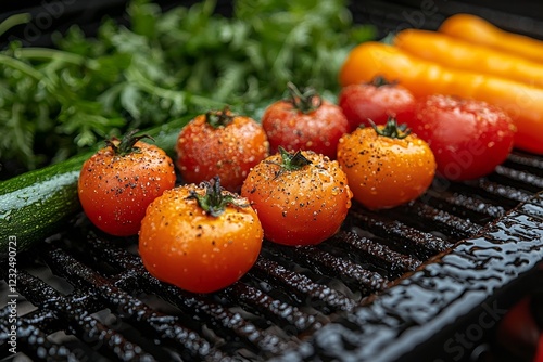 Summer BBQ delights in slow-motion showcase, featuring colorful and texturally rich grilled vegetables photo