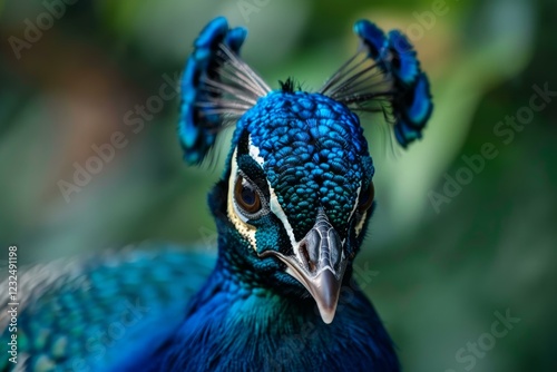 Close up of a peacock showing off its vibrant plumage with intricate details and striking colors photo