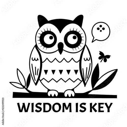 Owl with wisdom is key text, glyph sticker  