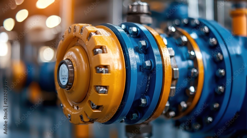 Fototapeta premium Interior view of a modern industrial factory facility with large blue mechanical equipment pipes valves and other engineering automation systems The scene depicts a high tech