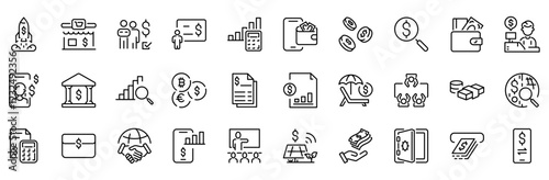 Set of 30 outline icons related to passive income, paycheck, accounting, payment, pension, tax, bonus and others. Editable stroke. 
