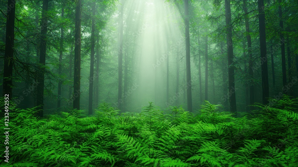 Obraz premium Lush Green Forest with Sunlight Streaming Through Trees and Ferns
