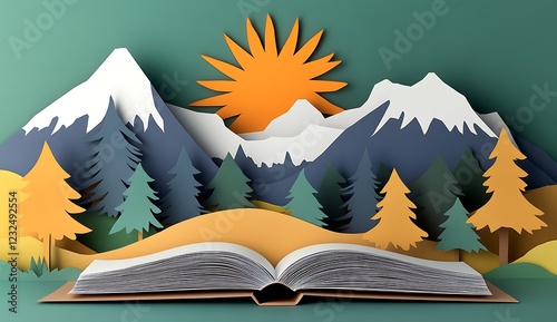 A stunning layered paper art design depicting a picturesque landscape with creeping trees, towering mountains and a clear sky.