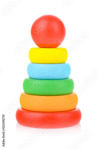 A colored pyramid for a child, isolated on a white background. Educational bright toys for toddlers and babies. The development of motor skills and the study of colors