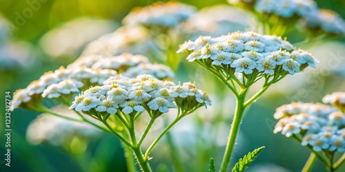 Delicate White Achillea Peardrop Flowers Close-up, Copy Space, Botanical Photography photo