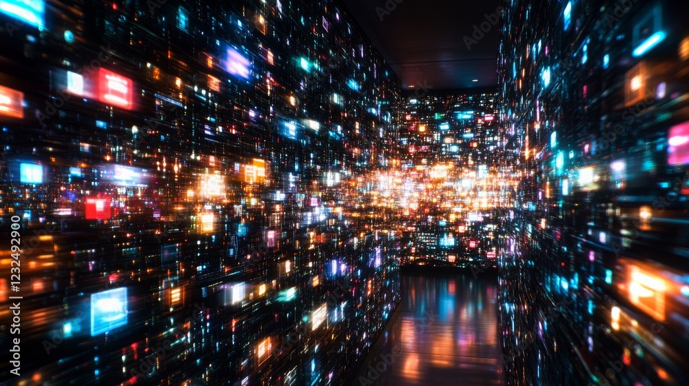 Naklejka premium Digital corridor filled with vibrant lights and colors in a futuristic space