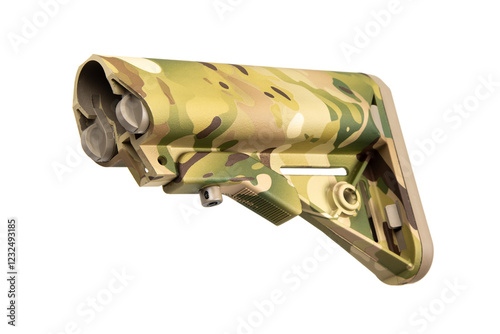 Camouflage rifle stock, adjustable, polymer construction, ergonomic design, military-style, close-up, isolated on white back. photo