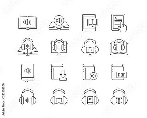 Audiobooks and eReading Icon collection containing 16 editable stroke icons. Perfect for logos, stats and infographics. Edit the thickness of the line in Adobe Illustrator (or any vector capable app).