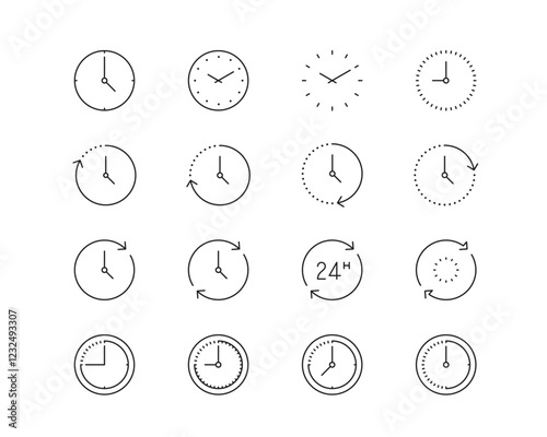 Clocks and Time Icon collection containing 16 editable stroke icons. Perfect for logos, stats and infographics. Edit the thickness of the line in Adobe Illustrator (or any vector capable app).