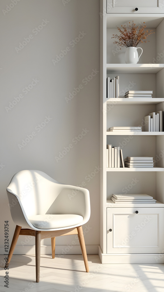 Fototapeta premium A bright and airy interior featuring a white modern chair beside a stylish bookshelf filled with books and decorative items, bathed in soft natural light