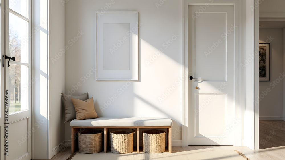 Fototapeta premium A bright and airy entryway features a cozy bench with decorative pillows, wicker baskets, and soft natural light streaming through a window enhancing the warm atmosphere