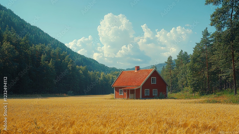 A pastoral countryside scene in Finland with lush green-yellow cereal fields and barns encircled by a forest A pastoral countryside scene in Finland with lush green-yellow cereal fields and barns encircled by a forest