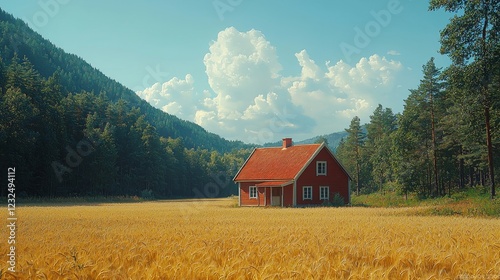 A pastoral countryside scene in Finland with lush green-yellow cereal fields and barns encircled by a forest