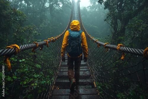 In an ethereal environment, a lone hiker ambles across a misty suspension bridge, embraced by vibrant foliage, embracing both adventure and the serene beauty of nature photo