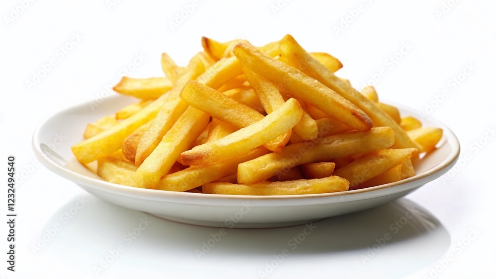 Delicious Crispy French Fries in a Plate, Isolated White Background - Tilt-Shift Photography Delicious Crispy French Fries in a Plate, Isolated White Background - Tilt-Shift Photography